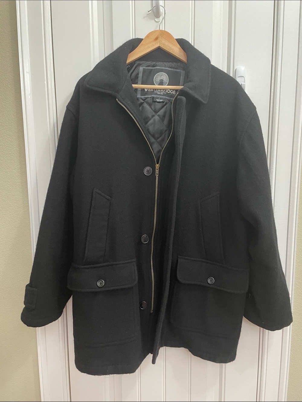 Weatherproof Black Wool- Pea Coat with Quilted Lining